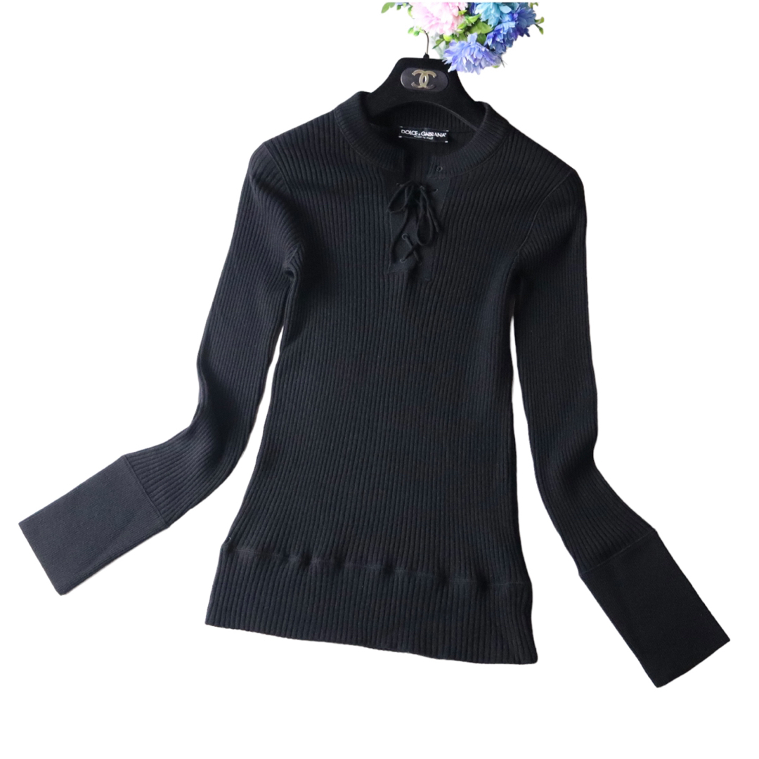 最高級 DOLCE&GABBANA レースアップリブニットトップス ベルスリーブ